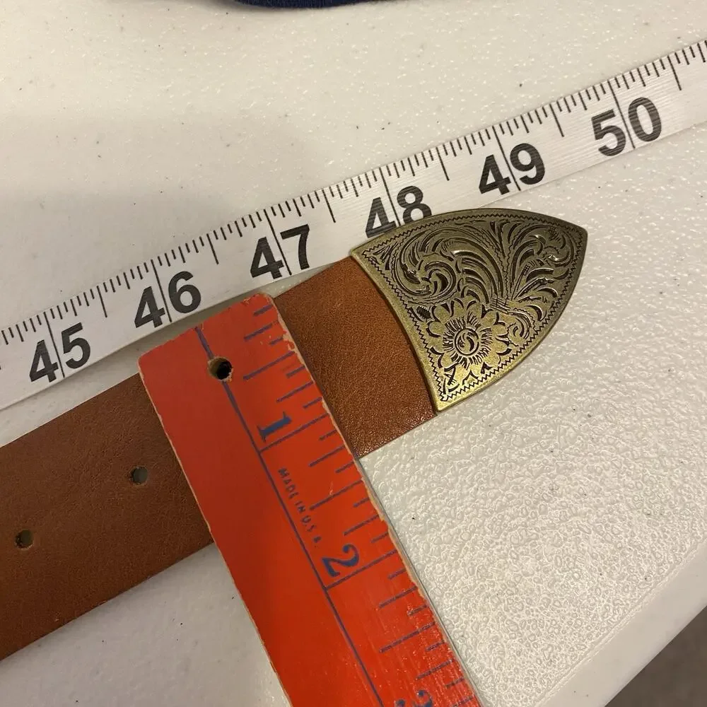 Faux Leather Belt 49”Brown Gold Tone Engraved Buckle Y2K Steampunk